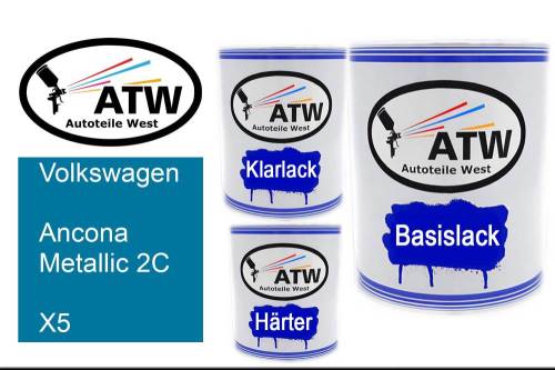 Volkswagen, Ancona Metallic 2C, X5: 1L Lackdose + 1L Klarlack + 500ml Härter - Set, von ATW Autoteile West.